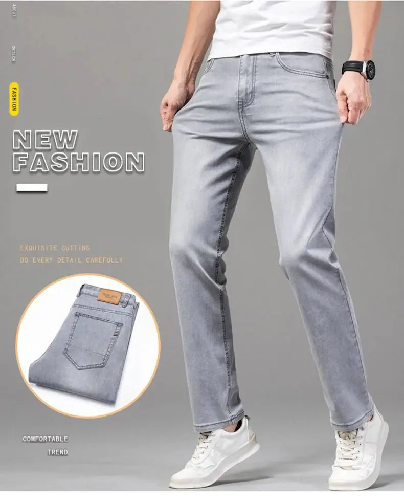 Men's gray denim jeans with elastic waist, straight leg fit, stretch cotton casual pants