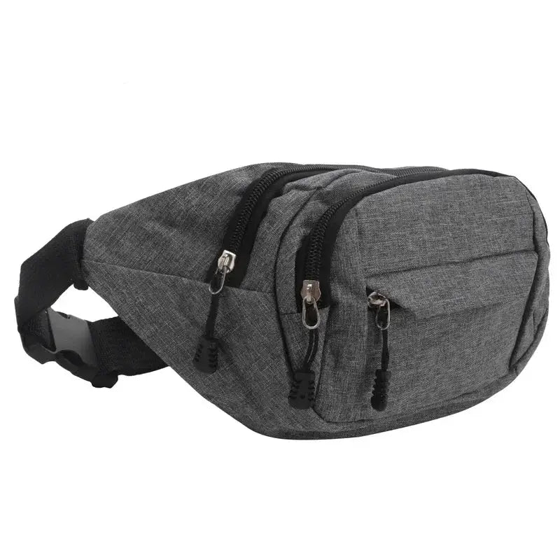 Gray fabric waist bag with three zip compartments and an adjustable strap