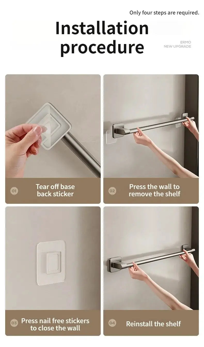 Stainless steel bathroom towel bar with adhesive mounting; four-step installation guide