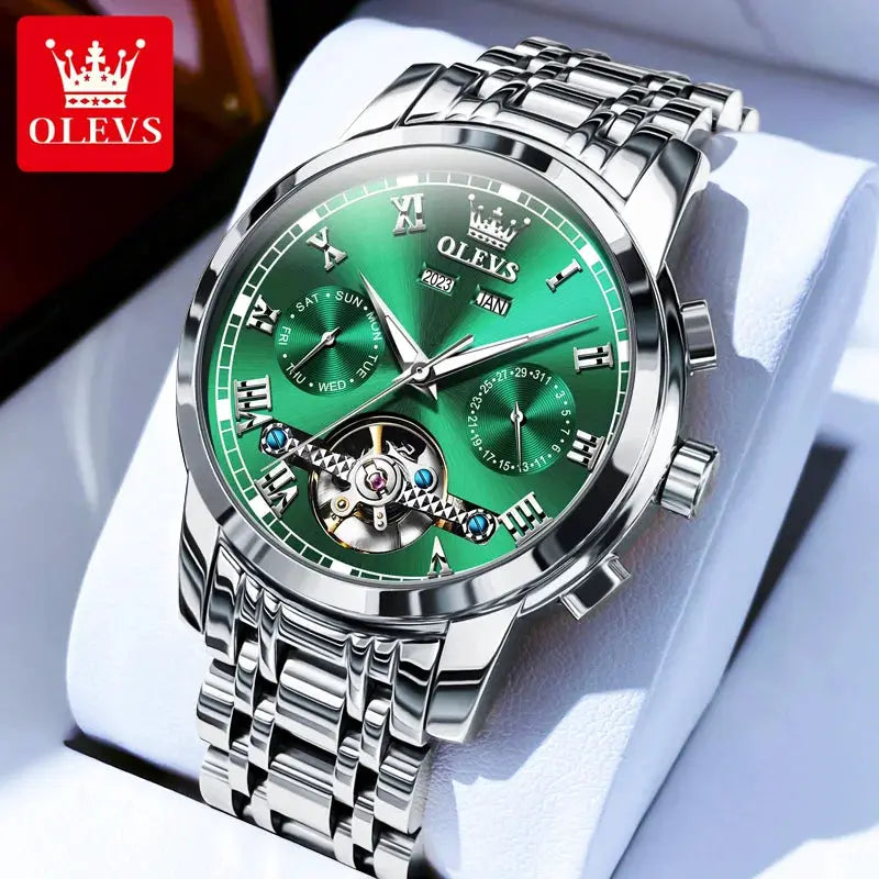 OLEVS 6607 automatic skeleton watch with stainless steel bracelet, green dial, dual calendar, OLEVS logo.