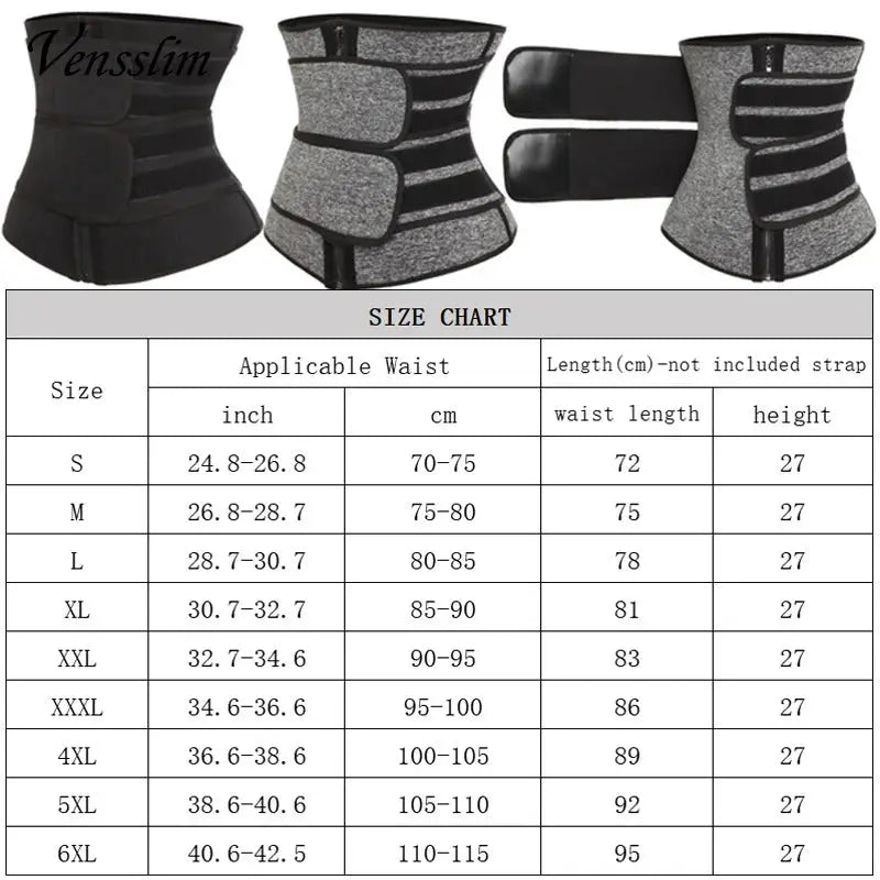 Vensslim waist trainer set by Simples Market; three black and gray waist cinchers with Velcro closures and a size chart.