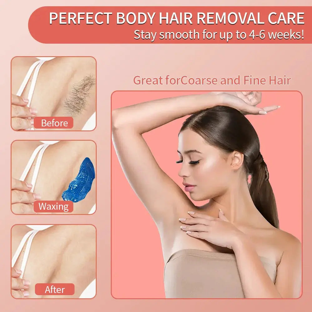 Waxing heater and 200ml wax warmer by Simples Market; three-step visuals (Before, Waxing, After) showing smooth underarm.