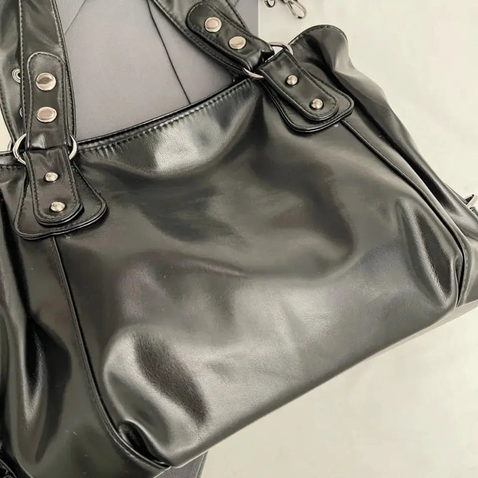Retro Brand roomy shoulder bag, black PU leather tote with silver studded straps, large capacity