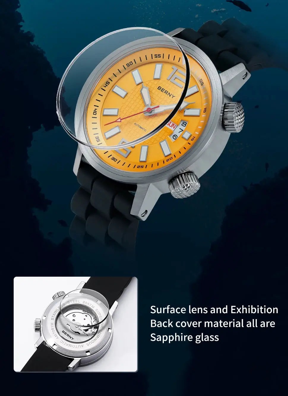 BERNY 20ATM diver watch for men with orange dial, stainless steel case, black silicone strap, sapphire glass