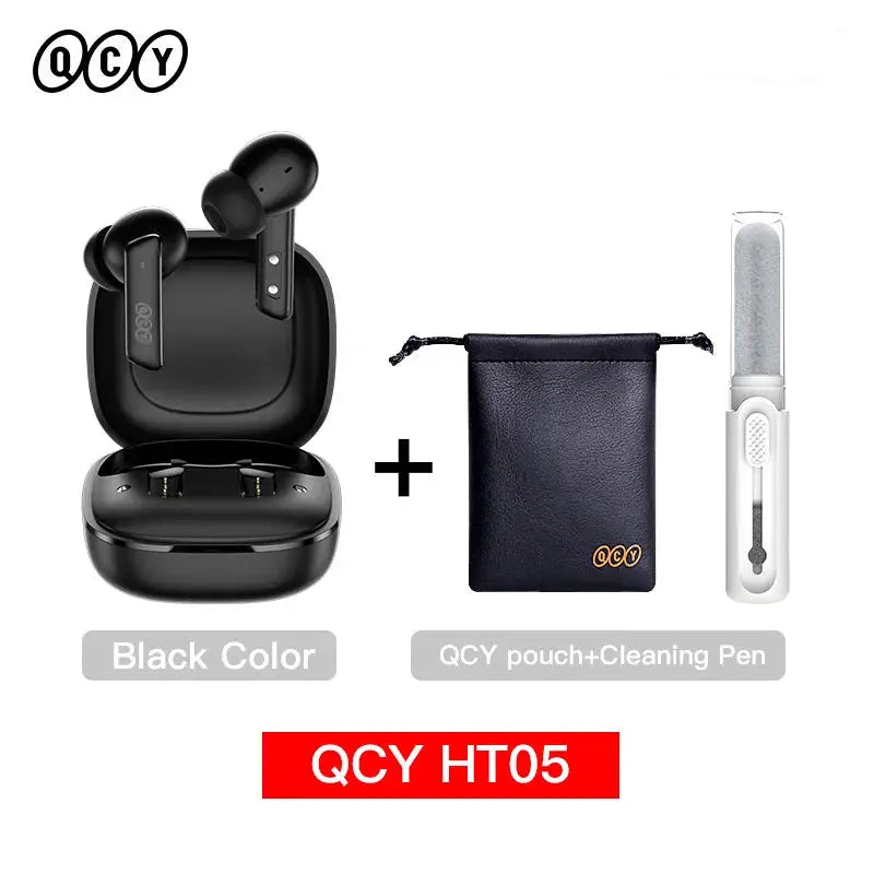 QCY HT05 wireless earbuds in black charging case, three-piece set with QCY pouch and cleaning pen for storage and care