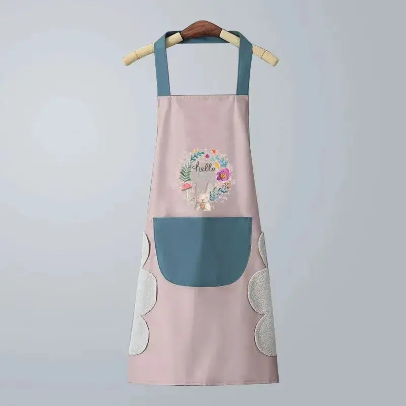 Women's pink rabbit-print kitchen apron with blue neck straps and front pocket; oil-proof, waterproof Simples Market