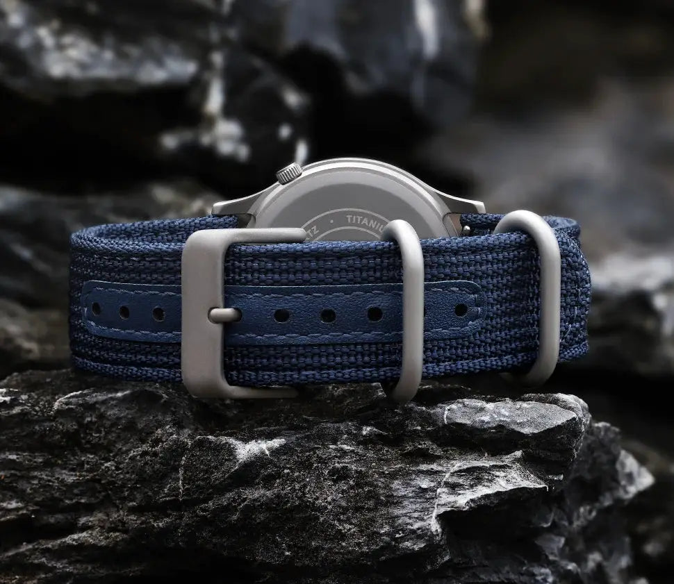 BERNY titanium men's watch with blue fabric strap and silver buckle