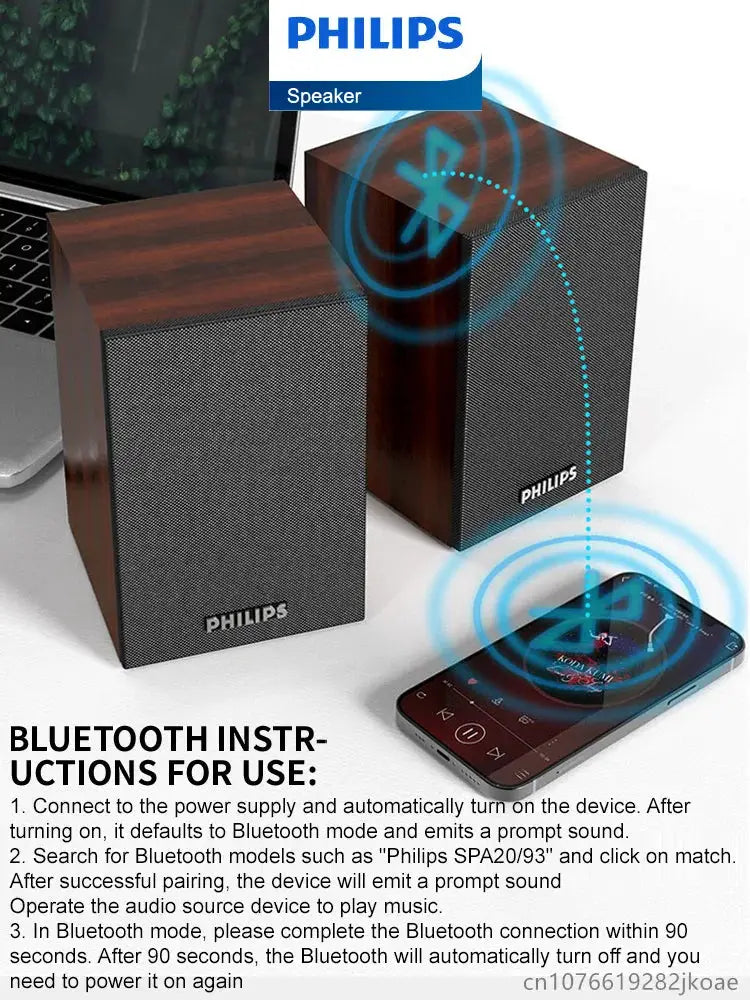 Philips SPA20 Bluetooth speaker pair with 360° surround sound in wood grain finish