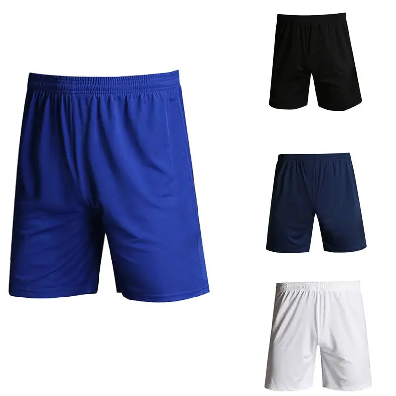 Men's football running shorts set in blue, black, navy, and white; quick-drying, double-layer breathable training shorts