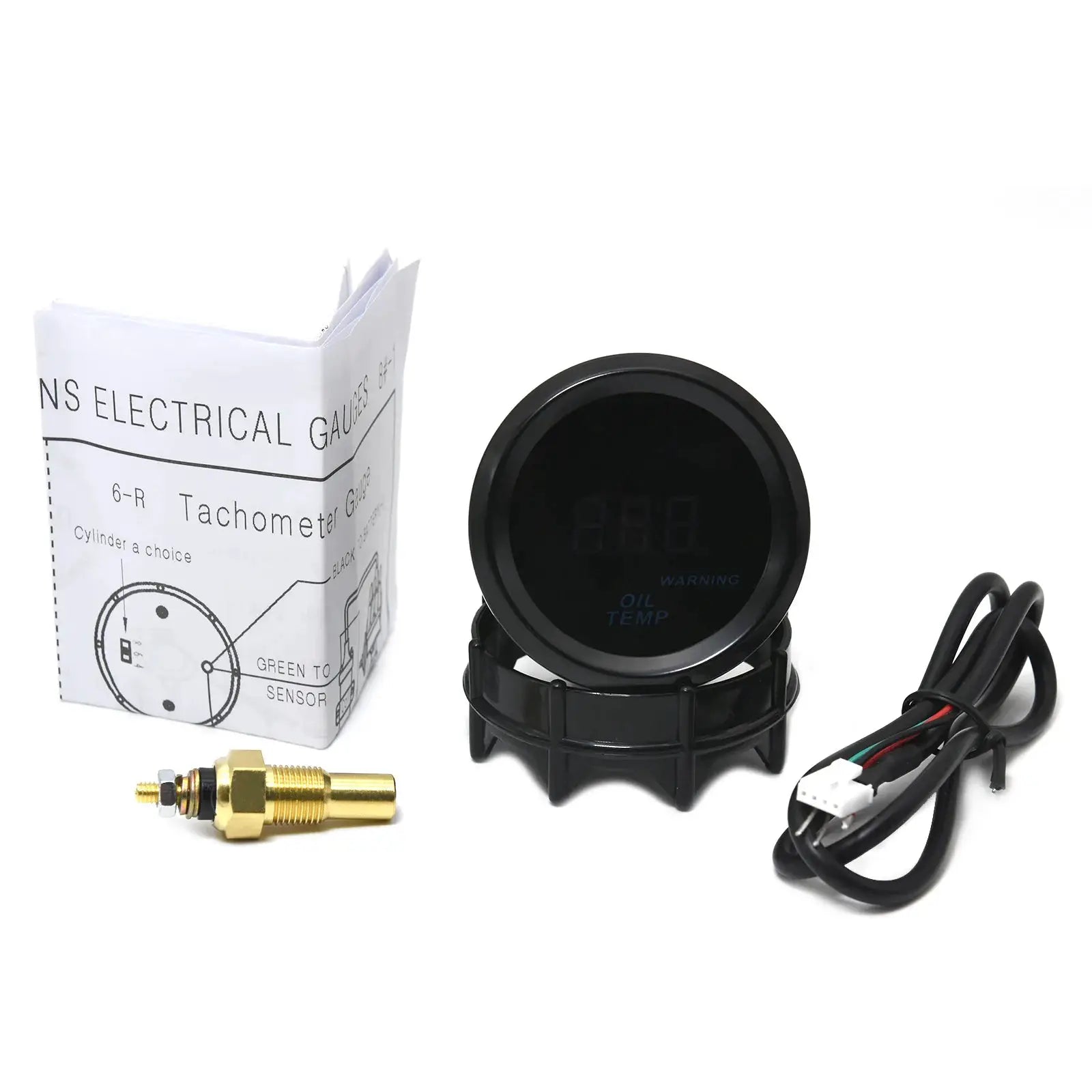 Simples Market 52mm digital gauge with blue LED display for oil pressure and temp, RPM; includes sensor and wiring.
