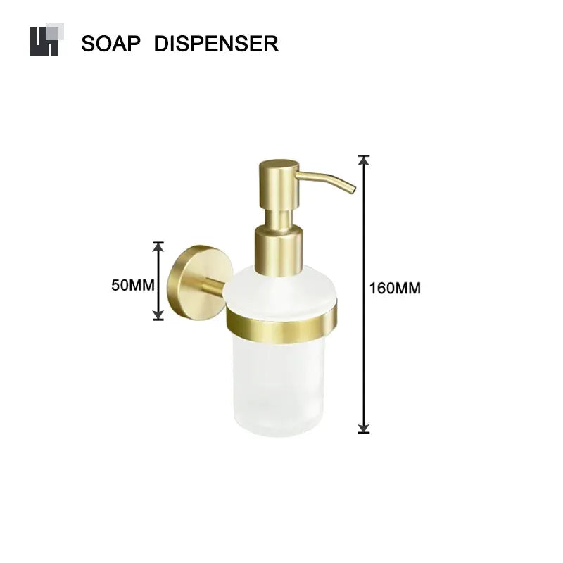 Soap dispenser wall mount in brushed gold brass with frosted glass body