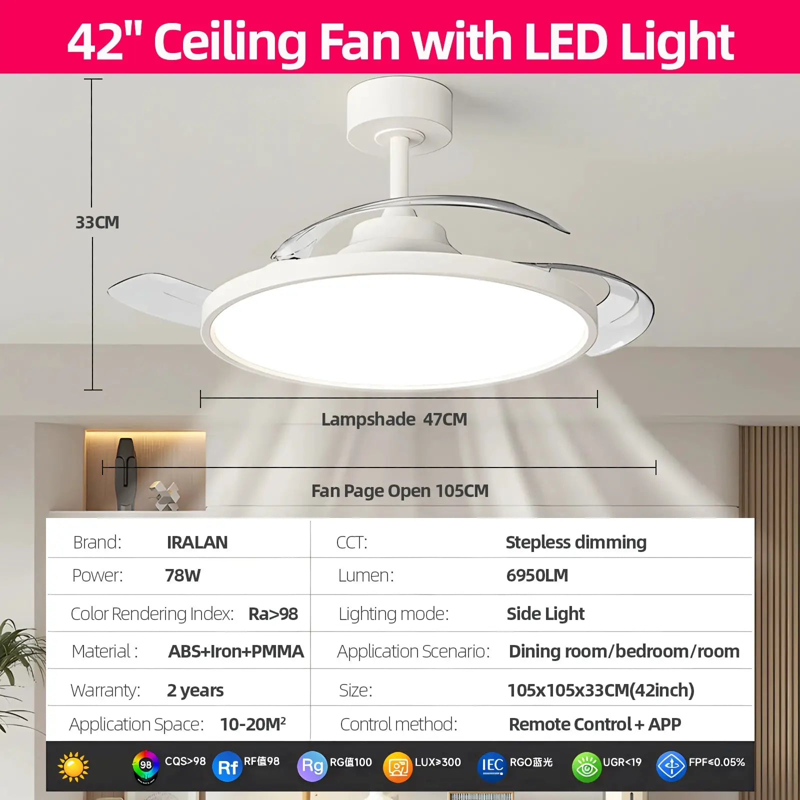 IRALAN 42-inch ceiling fan with LED light, DC motor, white finish, remote control
