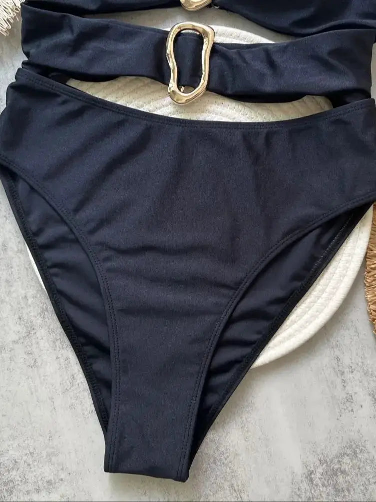 3 Colors Sexy Metal Rings Cut Out Women Neoprene Swimwear One Piece Bandeau High Leg Bathing Suit