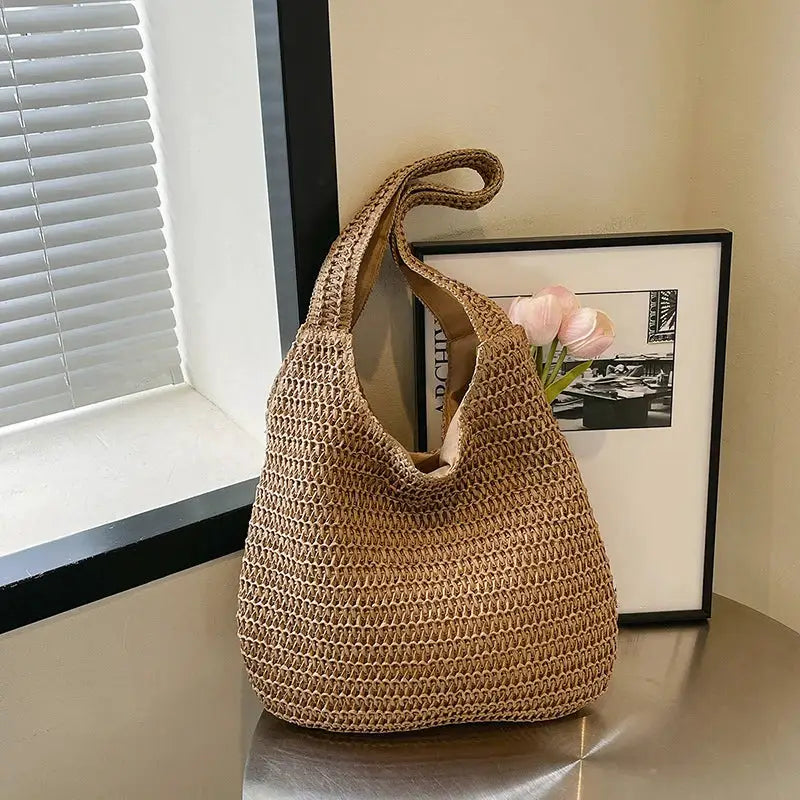 Rattan Women Shoulder Bag Woven Straw Beach Tote Large Capacity