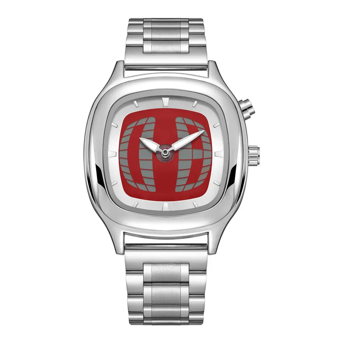 Men's stainless steel watch with silver bracelet and red cushion-shaped dial, two-hand analog.