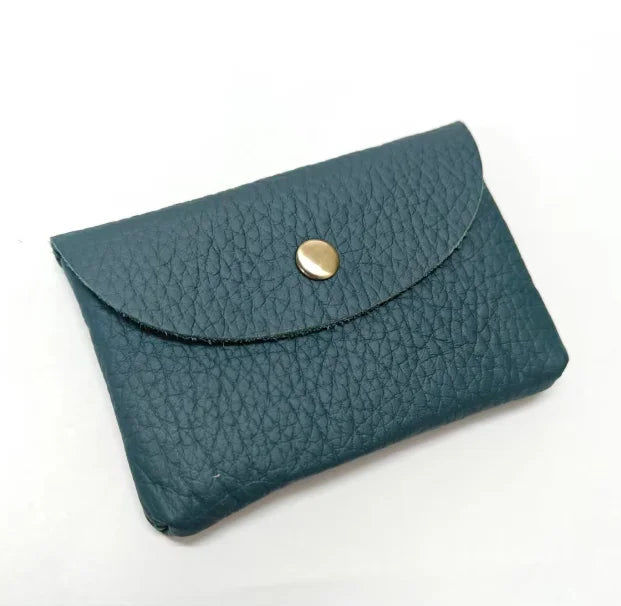 Simples Market leather card holder, teal blue cowhide with brass snap closure