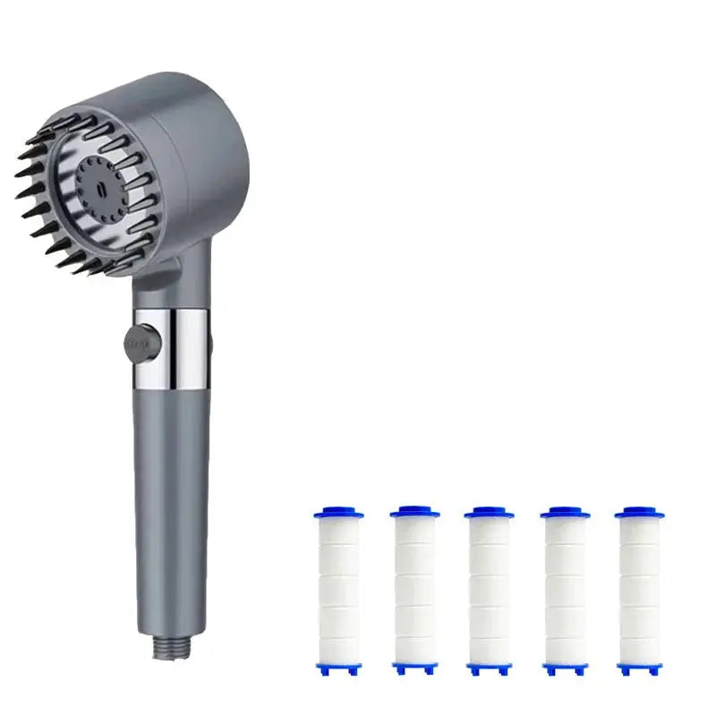 Portable gray handheld shower head with massage nozzle and five replacement filter cartridges