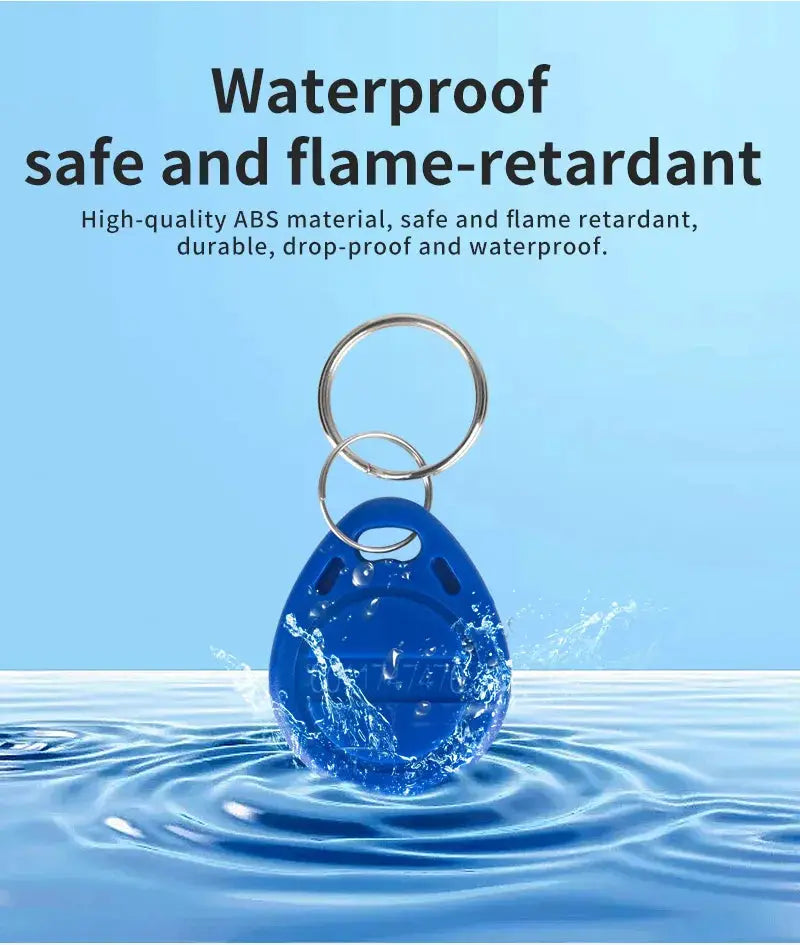 Blue waterproof RFID keyfob tag with metal split ring, EM4100 125KHz read-only.