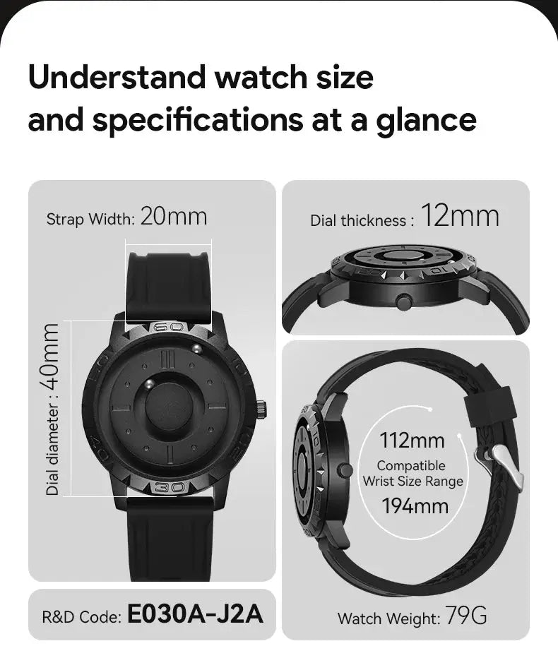 EUTOUR men's black-dial watch with stainless steel bracelet; waterproof quartz, magnetic, 20mm strap