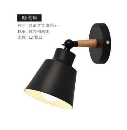 Nordic solid wood LED wall lamp with black metal shade and wood arm by Simples Market, decorative lighting.