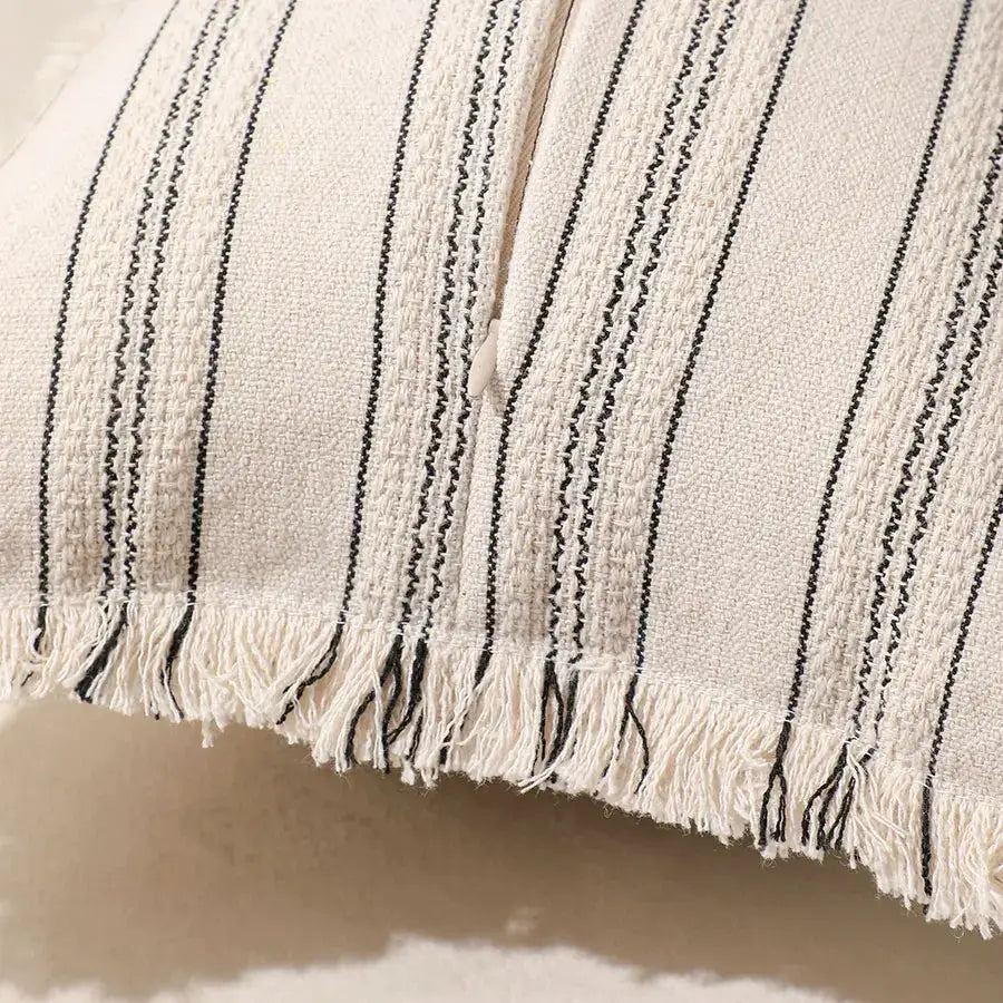 Summer Boho striped pillow cover 30x50 with fringed edges; cream base with black stripes, Simples Market