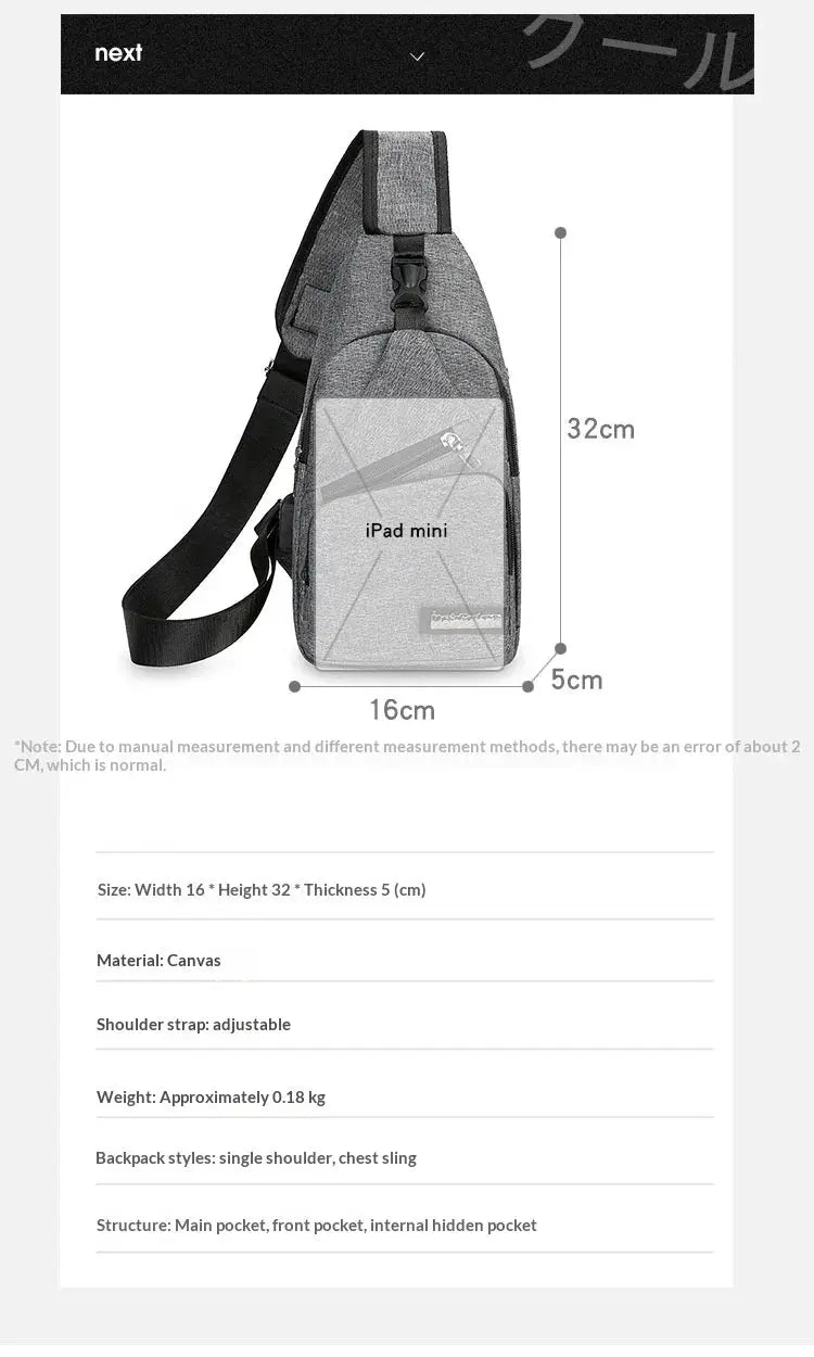Men's chest bag by Simples Market; lightweight grey canvas crossbody with adjustable strap and front pocket.