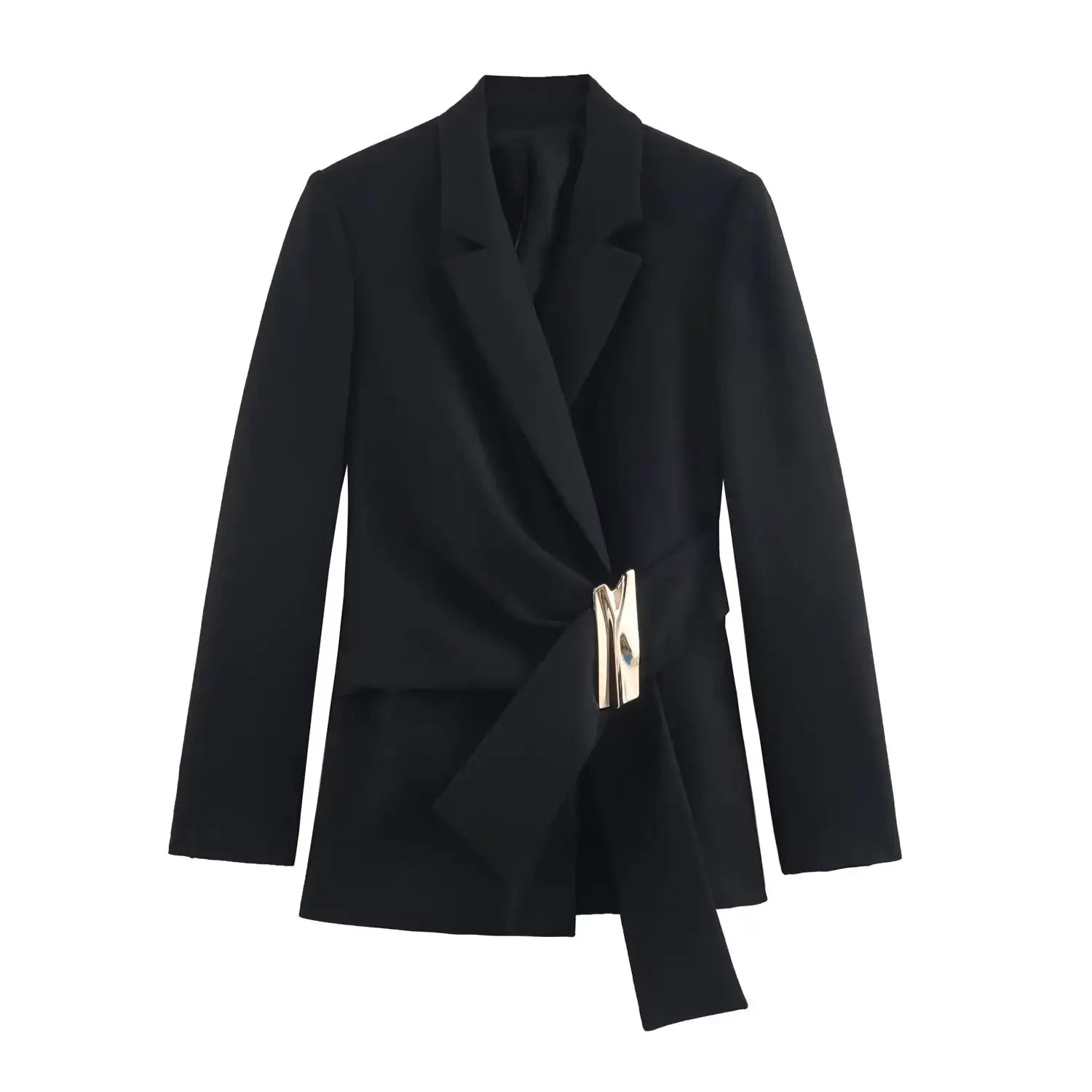 Women's black blazer with a gold-tone buckle belt, long-sleeve design