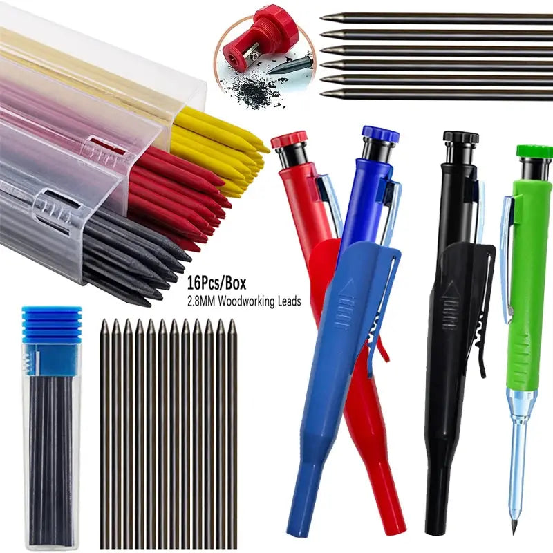 Simples Market carpenter pencil set with 16 refills and 2.8mm leads, includes colored mechanical pencils.