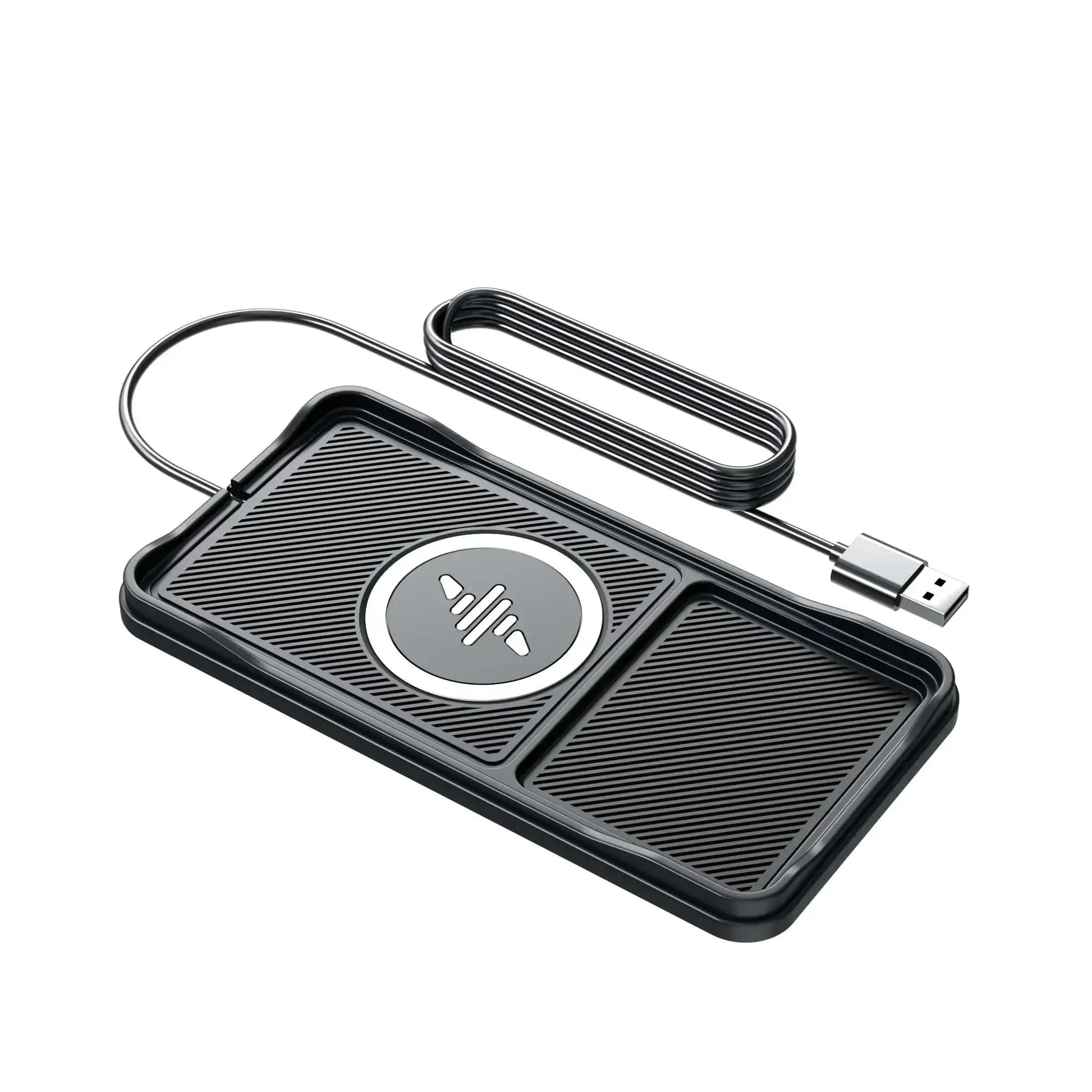 Car wireless charging pad with USB cable, black finish and Qi symbol
