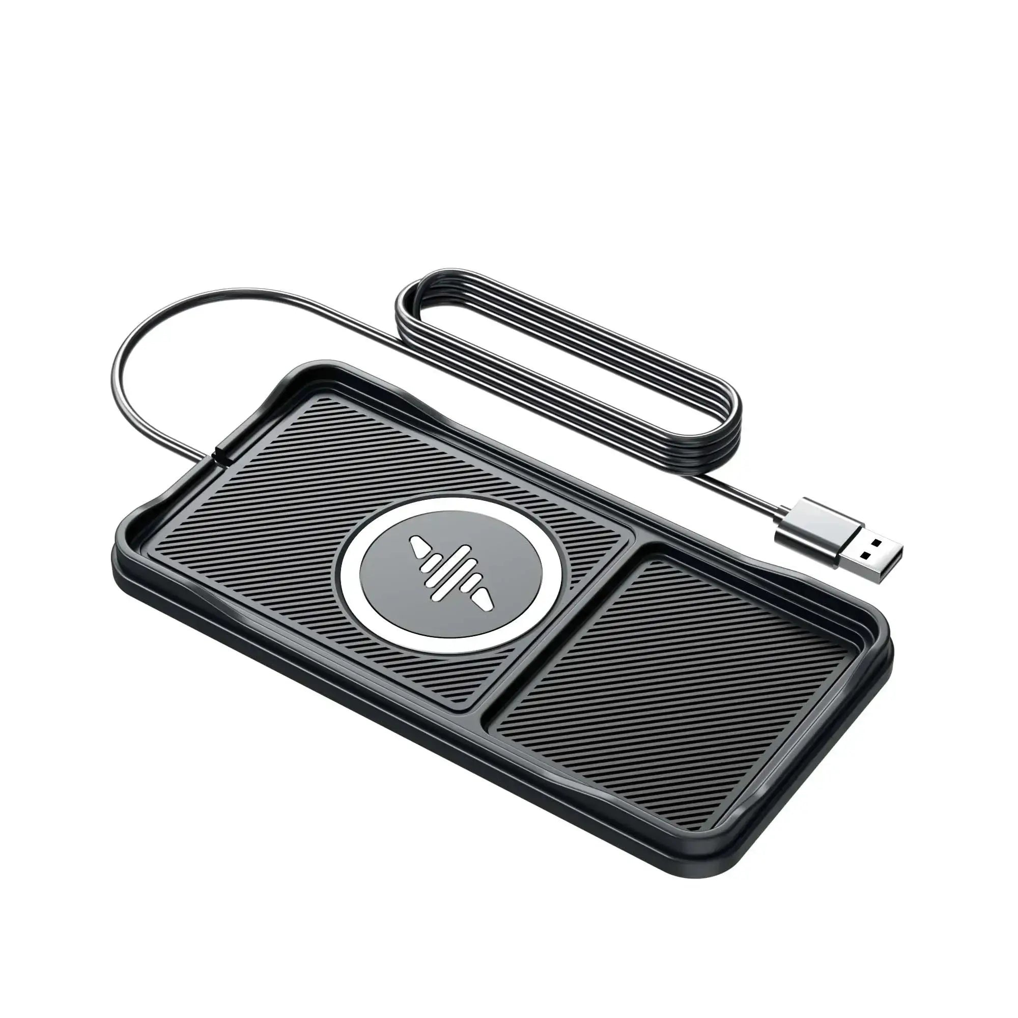 Car wireless charging pad with USB cable, black finish and Qi symbol