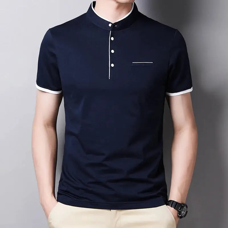 Men's navy stand-up collar polo T-shirt; Simples Market, white trim, chest pocket