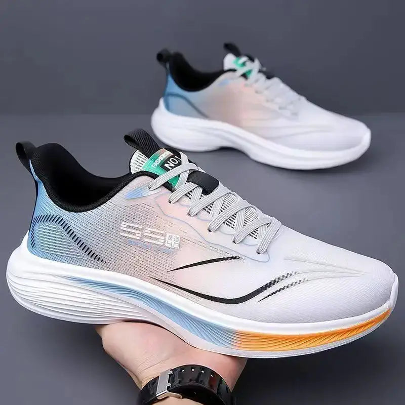 Simples Market breathable mesh men's running sneakers, white with blue/peach gradient accents, non-slip sole (2 shoes)