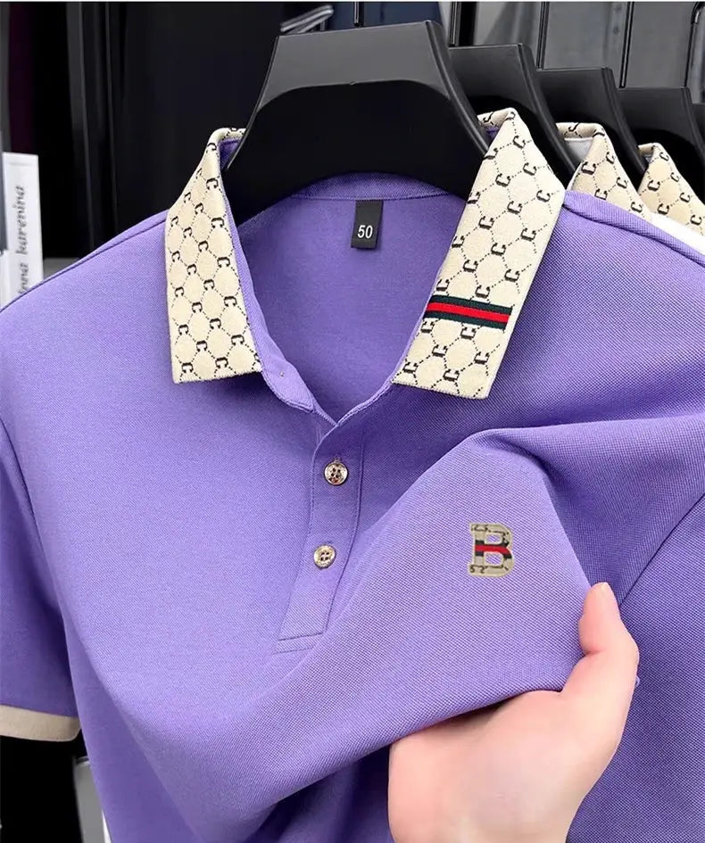 Polo shirt, short sleeve, by Simples Market; lavender with beige patterned collar, red/green stripe, and B logo embroidery