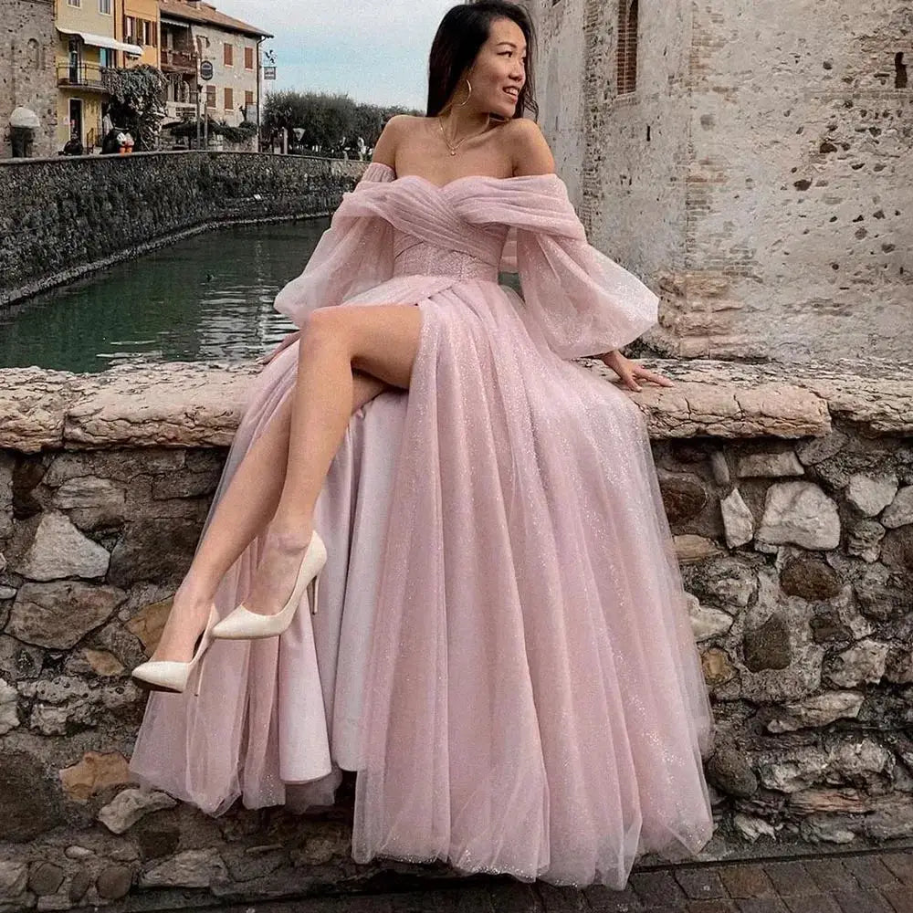 Bafftafe Pink Shiny Tulle Prom Dress Off Shoulder Puff Sleeve Dress