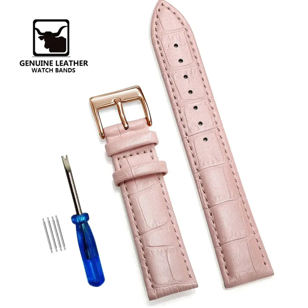 Premium genuine leather watchbands set in pink with rose-gold buckle; includes screwdriver and spare pins (12-24 mm)