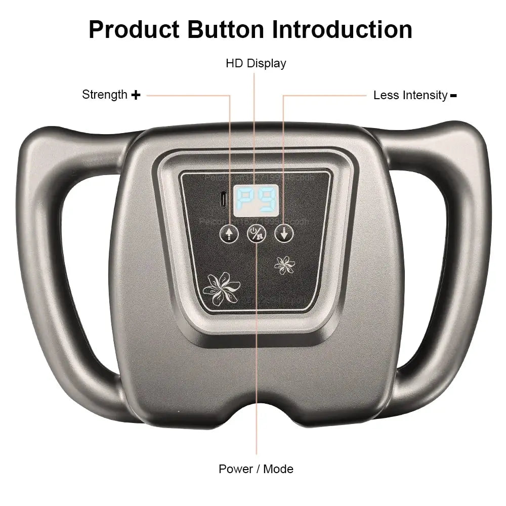 Fascia massage gun by Simples Market with dual handles and LCD control panel in metallic gray.