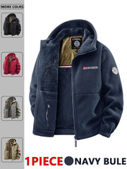 Men's navy Simples Market outdoor hooded fleece jacket with zip and chest logo patch.