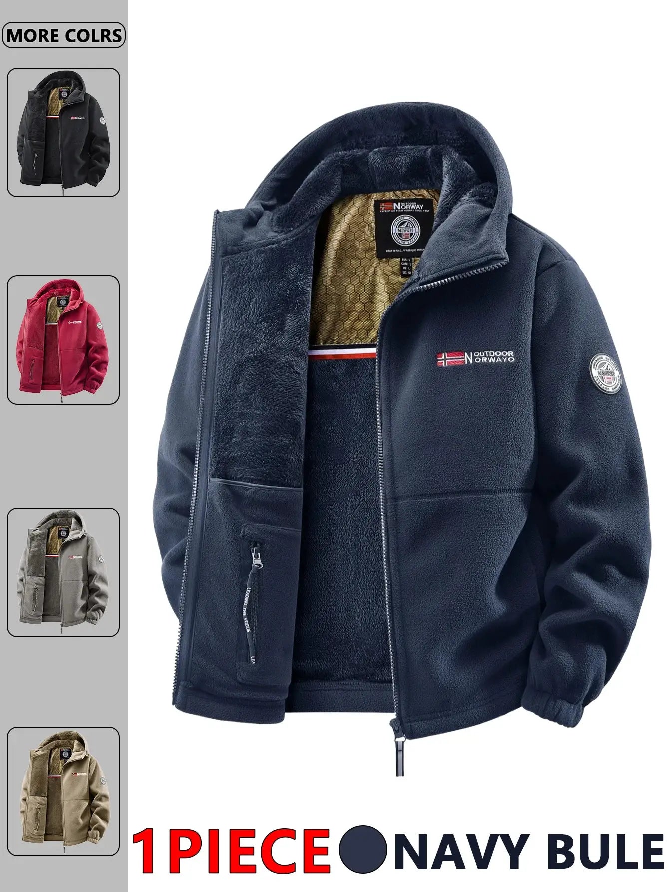 Men's navy Simples Market outdoor hooded fleece jacket with zip and chest logo patch.