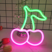 Cherry neon LED logo light with green body and pink ring accents, USB or battery powered decorative sign