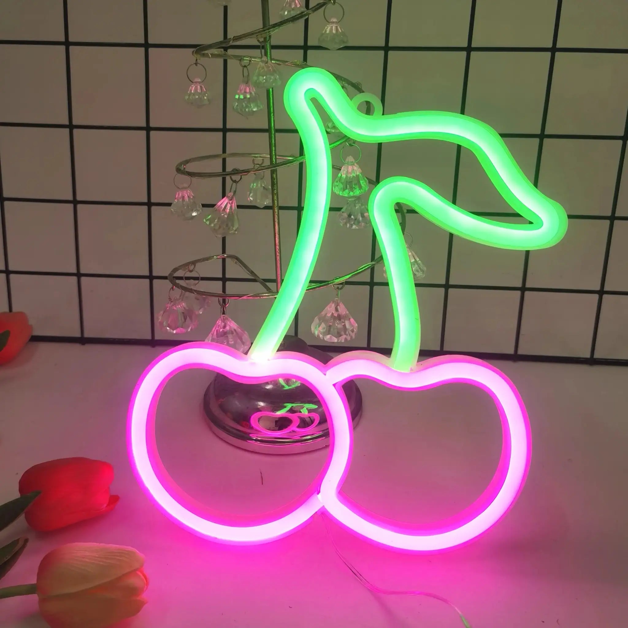 Cherry neon LED logo light with green body and pink ring accents, USB or battery powered decorative sign
