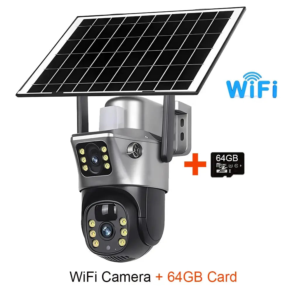 Simples Market outdoor solar WiFi CCTV camera with dual lenses, night vision, 64GB card included