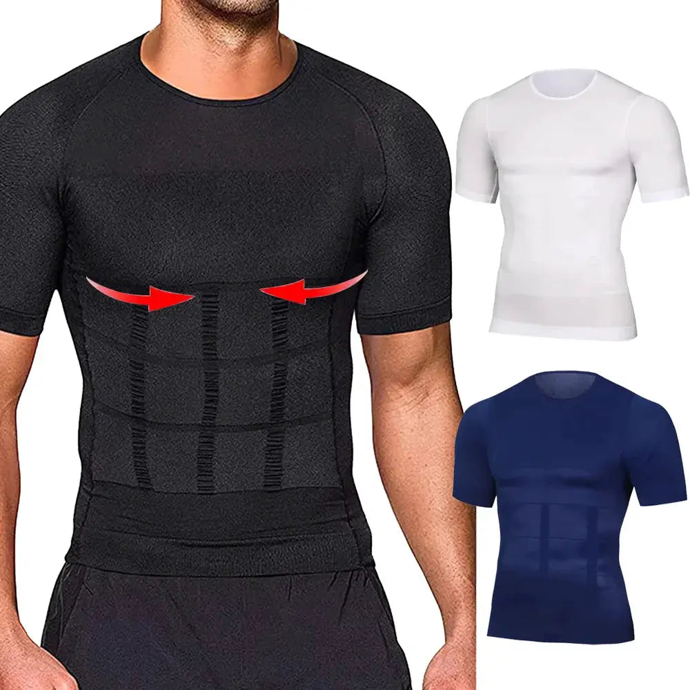 Men's tummy-control girdle waist-trainer compression shirt in black; white and navy variants shown.