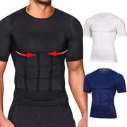Men's tummy-control girdle waist-trainer compression shirt in black; white and navy variants shown.