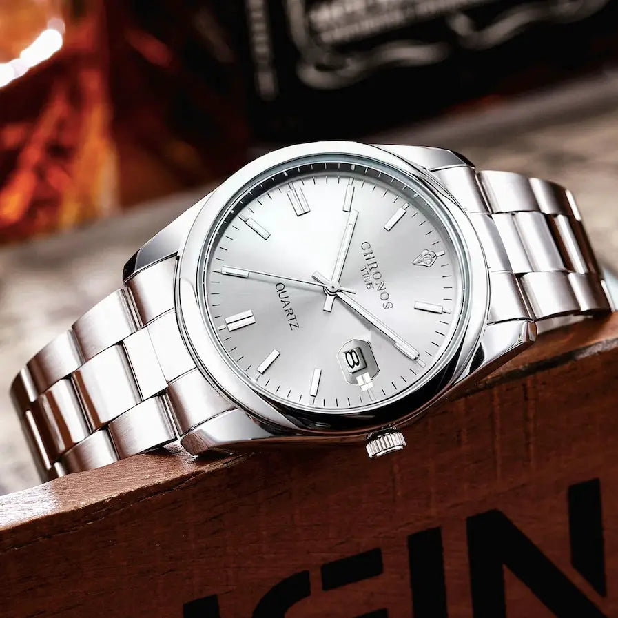 Chronos Luxury Mens Stainless Steel Wristwatch Waterproof Luminous Hands Date Quartz Movement