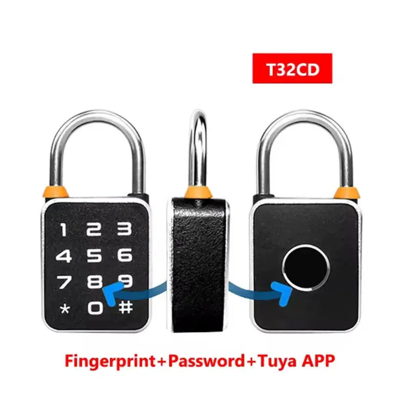 3-in-1 Mini Smart Padlock with keypad and fingerprint; USB charging, Tuya APP ready, black metal body