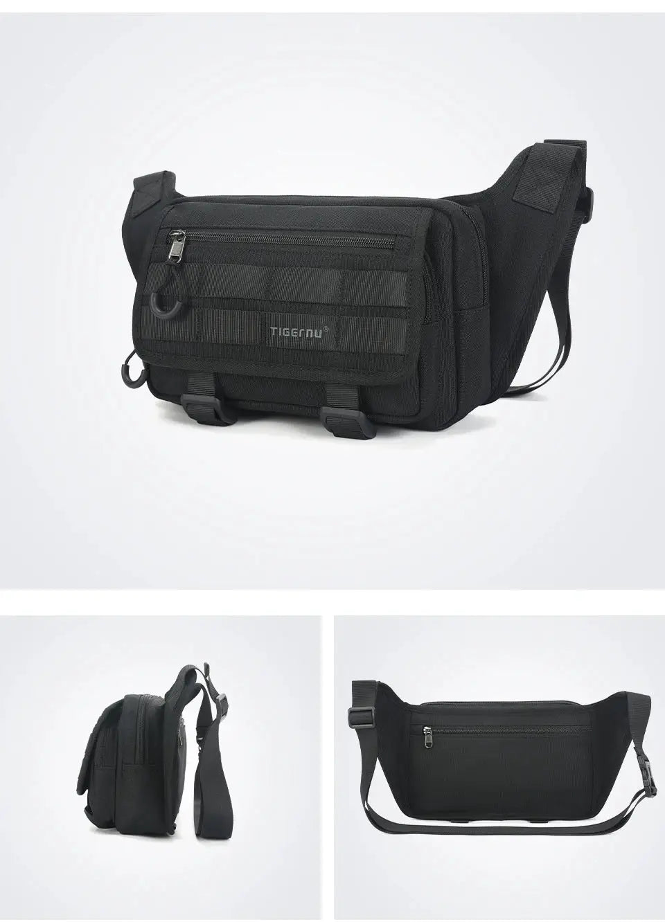 Tigernu black chest bag for men with front zip pocket and multiple compartments, adjustable strap outdoor sling crossbody bag