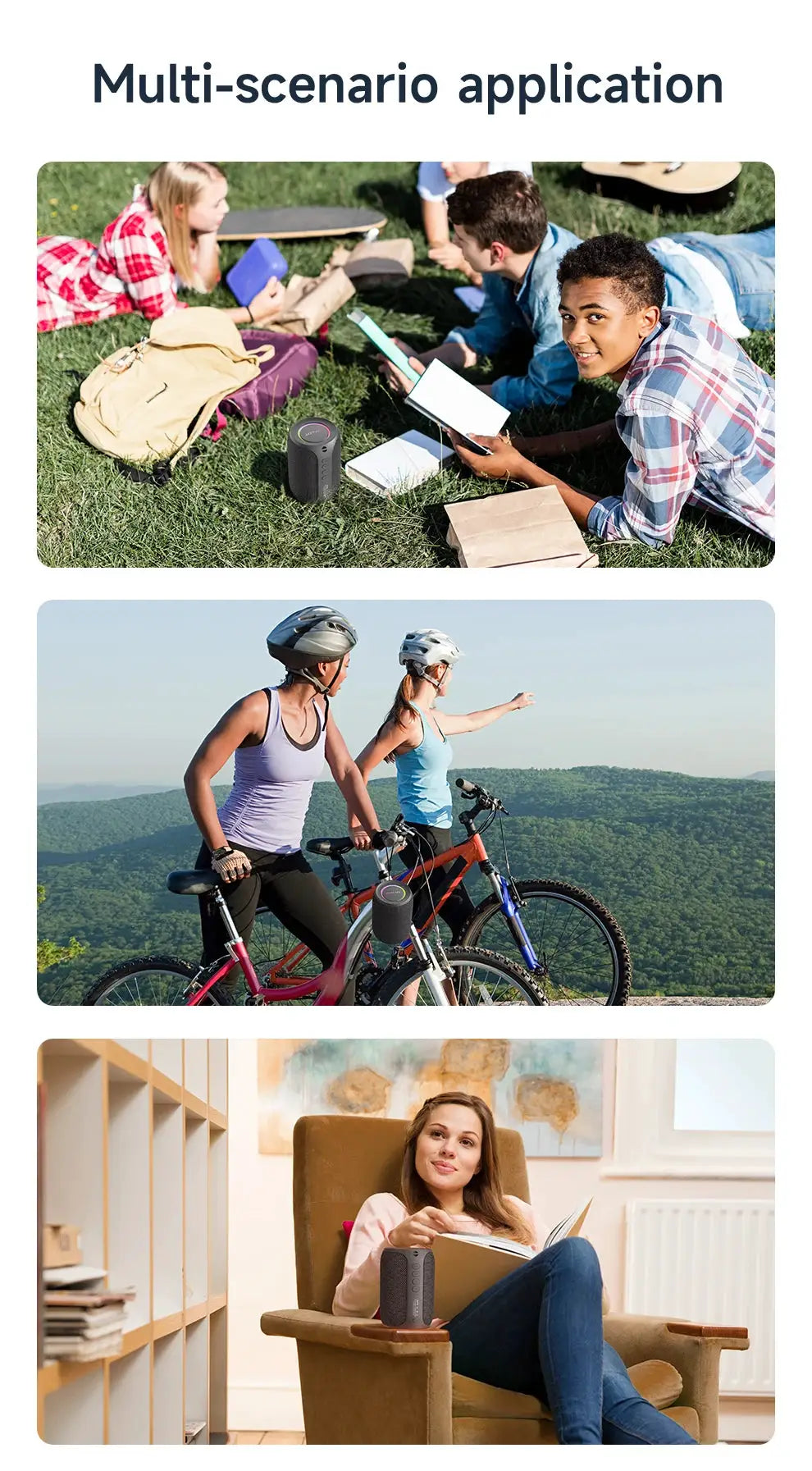 ZEALOT-S32PRO Bluetooth speaker by Simples Market; black waterproof outdoor speaker shown at picnic, bike ride, indoors