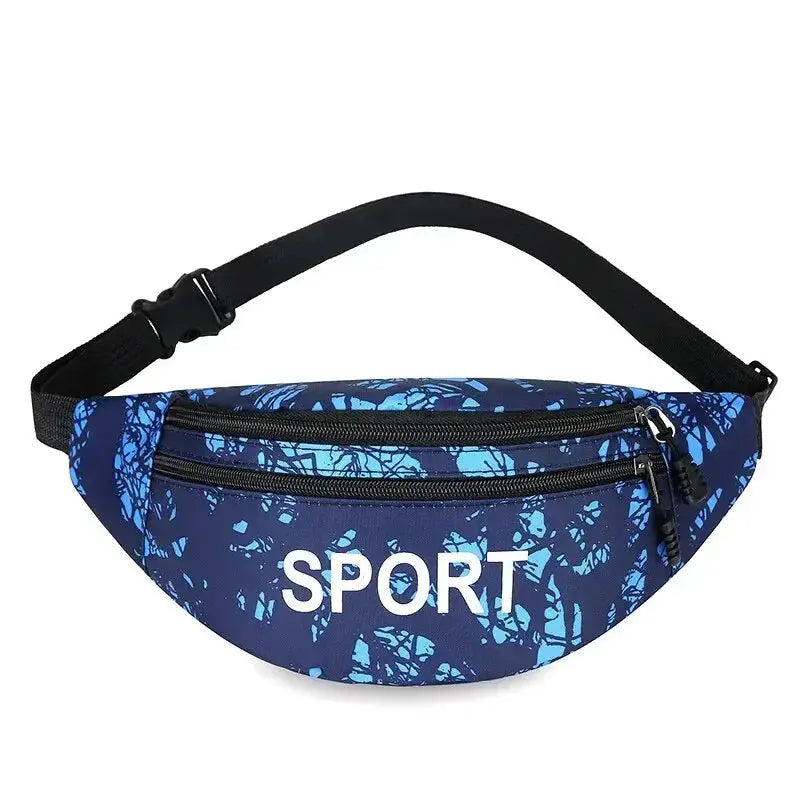 Sports waist pack with blue patterned fabric, dual zipper pockets and a black adjustable strap
