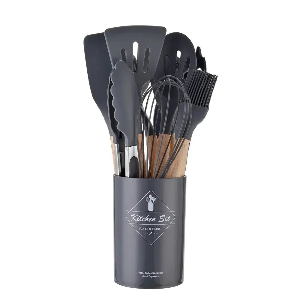 ChefGlow 12-Piece Silicone Kitchen Utensil Set With Nonstick Heat-Resistant Heads And Wooden Handles