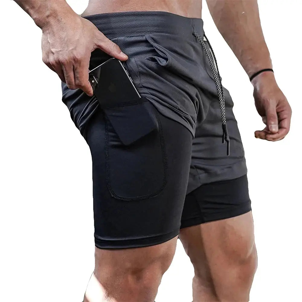 Men's 2-in-1 quick-dry gym shorts in black with side phone pocket